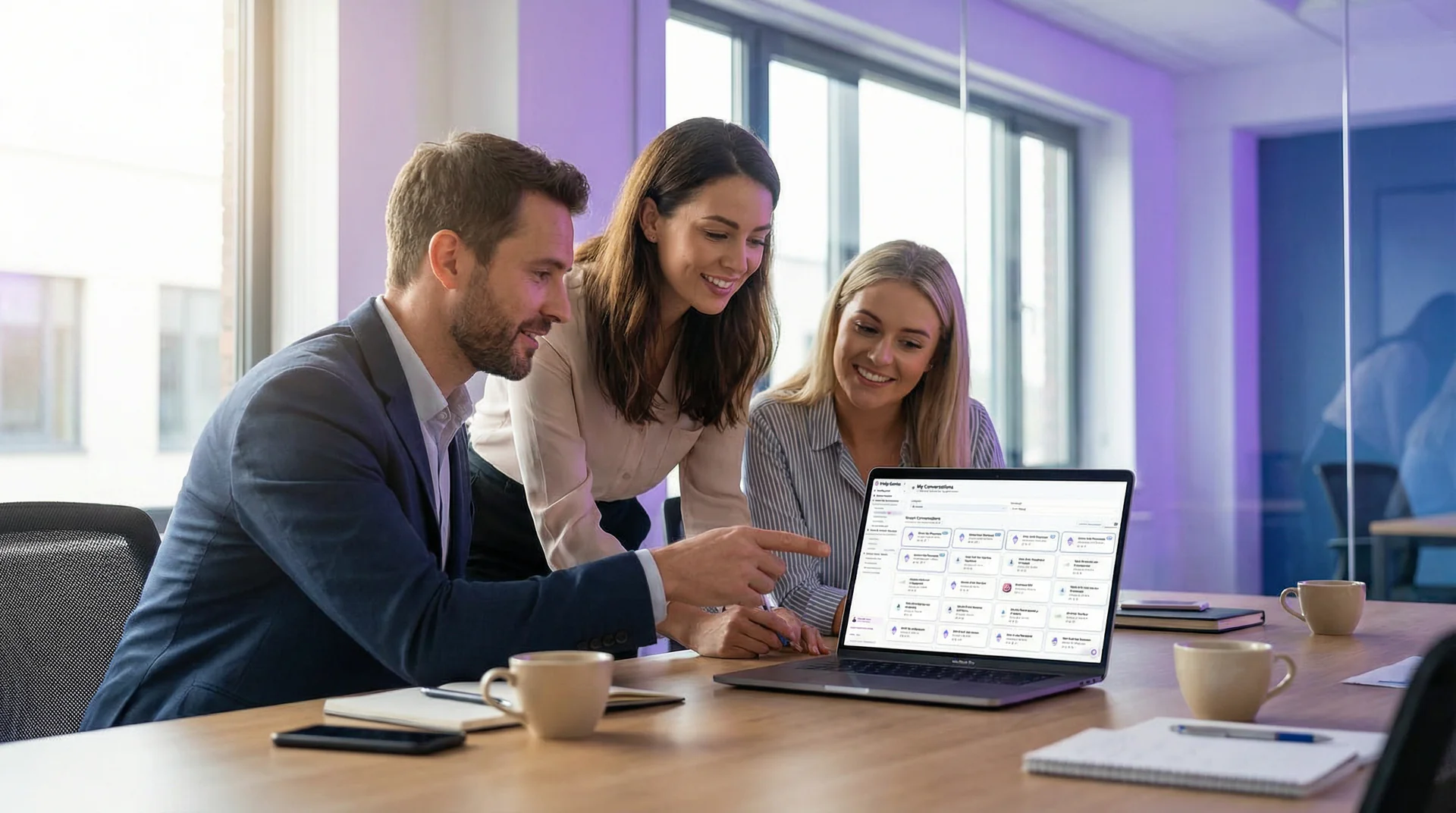 Team receiving conversation report notifications across email, Slack, and mobile devices