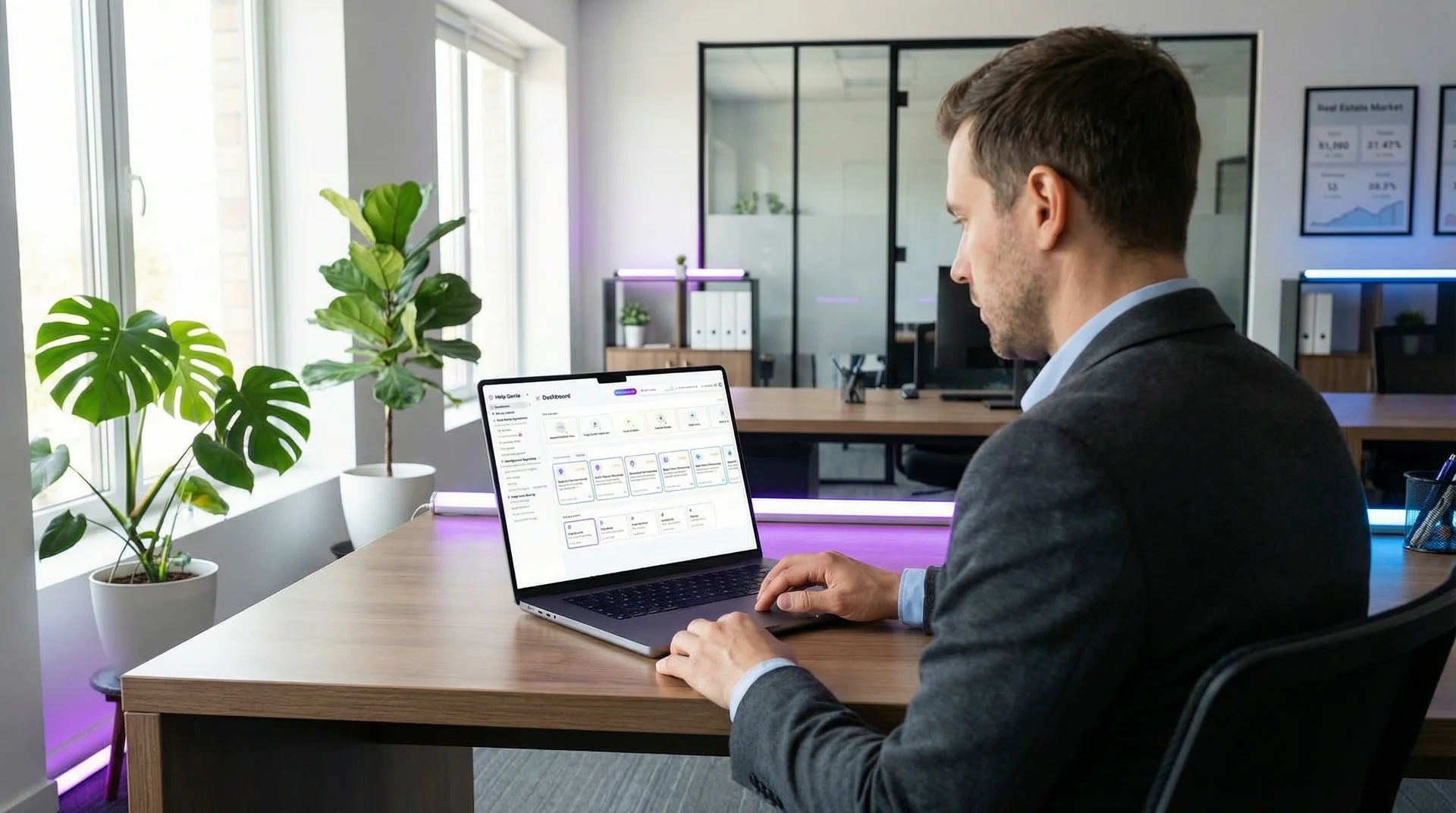 Real estate agent setting up an AI voice genie on a laptop in a bright office