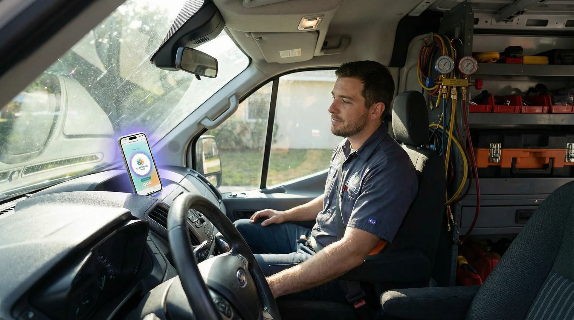 Trades professional setting up AI receptionist on tablet while on a job site