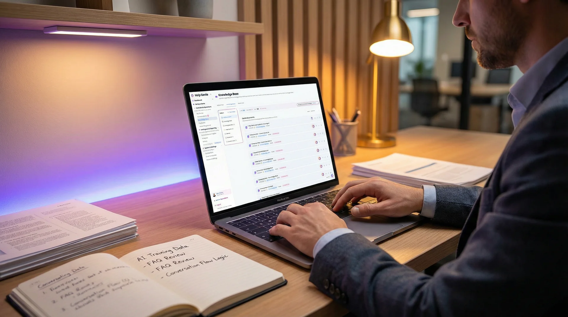 Business owner uploading industry documents and FAQs to train their AI voice genie dashboard