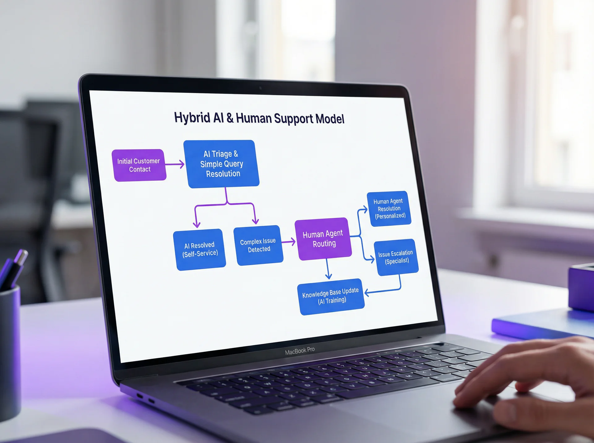 Illustration showing the hybrid AI and human support model with routing logic