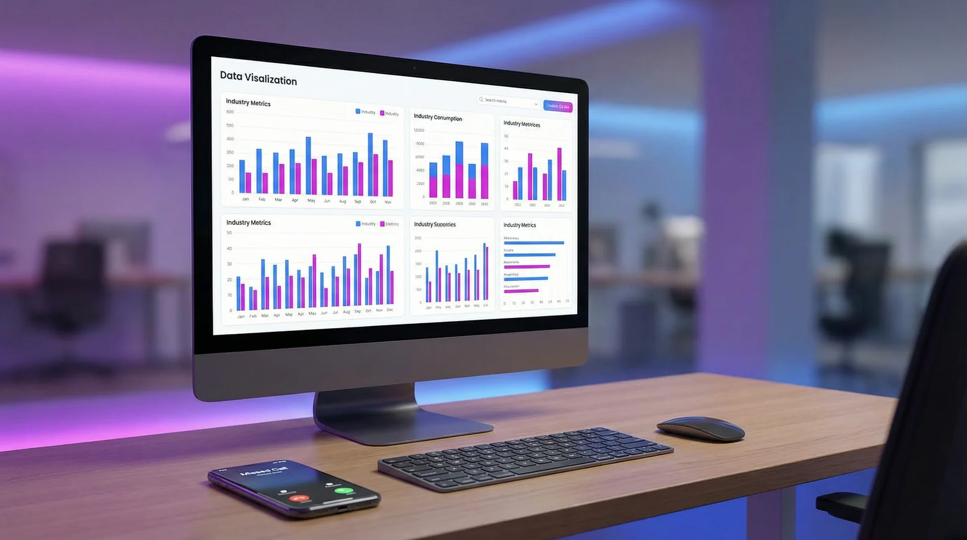 Data visualization showing per-industry missed call costs with bar charts comparing trades, real estate, hospitality, and automotive sectors