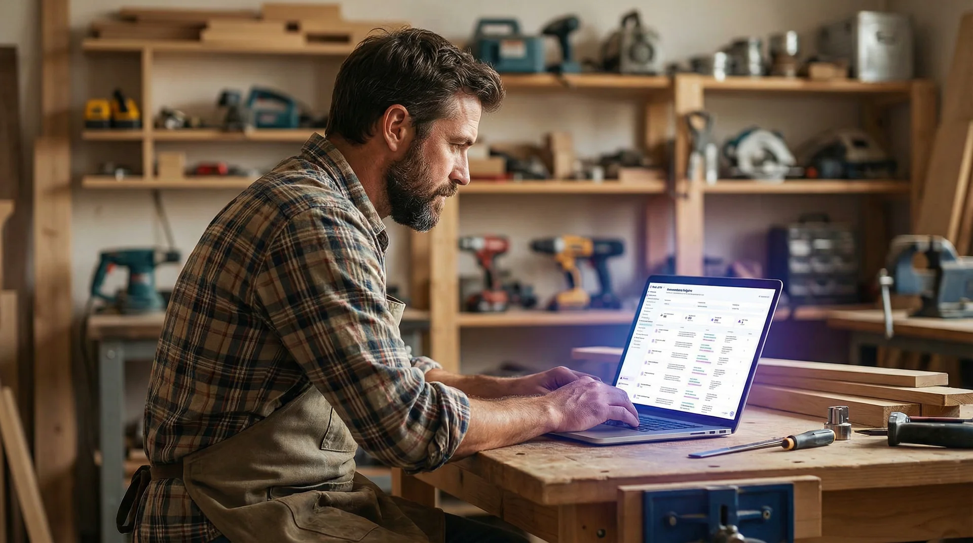 Small business owner reviewing AI call analytics dashboard on a laptop showing call volume and response metrics