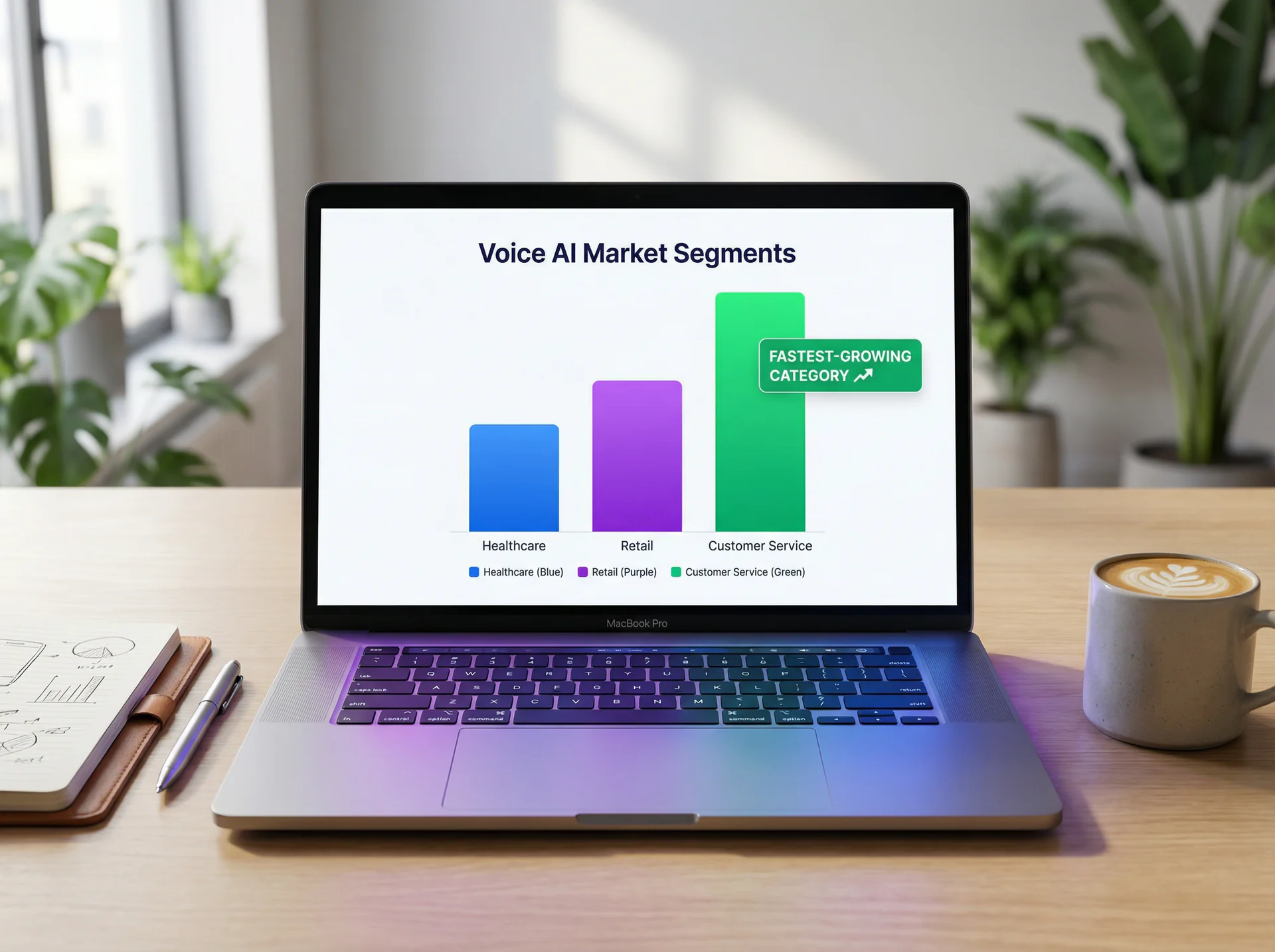 Bar chart comparing voice AI market segments with customer service AI highlighted as the fastest-growing category