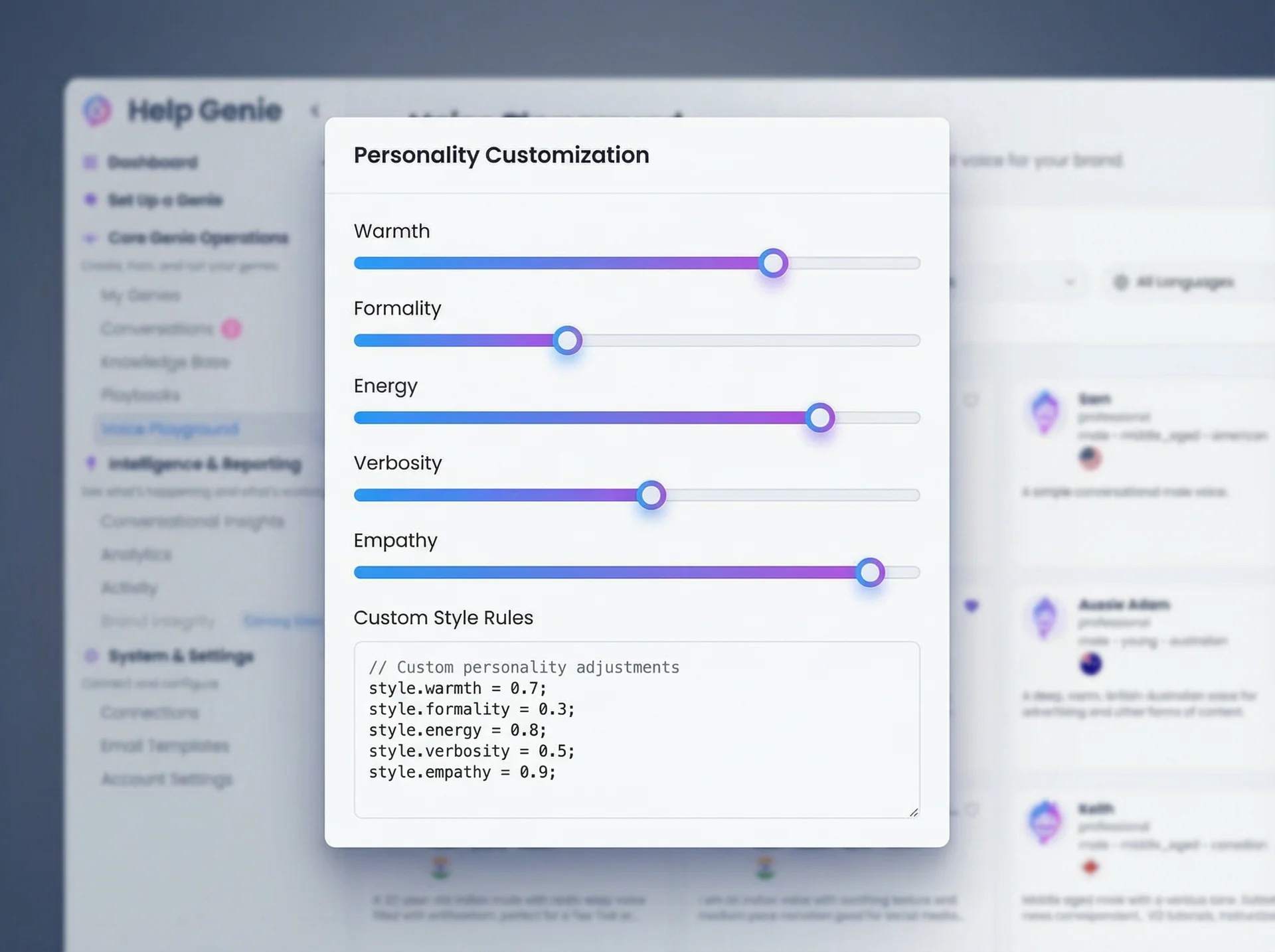 Help Genie voice customization interface showing personality trait sliders and voice preview controls