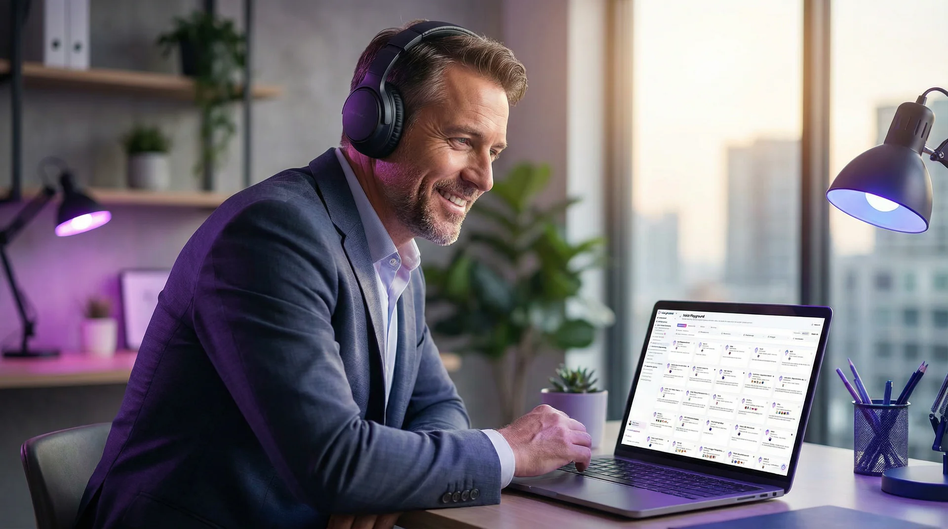Help Genie voice customization panel showing voice selection, personality sliders, and brand tone settings