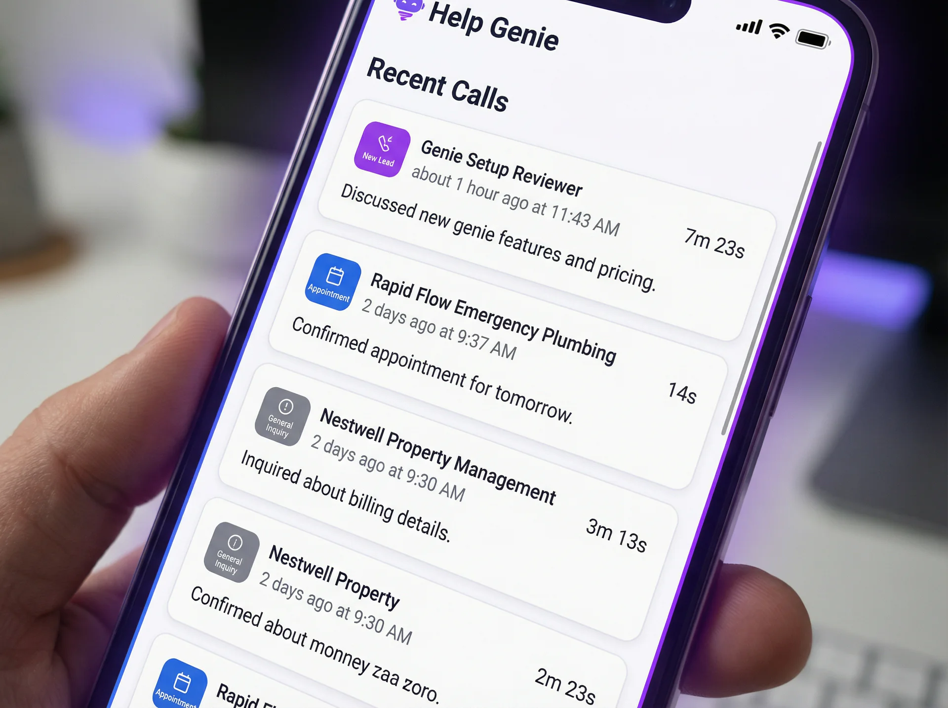 Help Genie mobile app call feed screen showing recent calls with status indicators and lead details