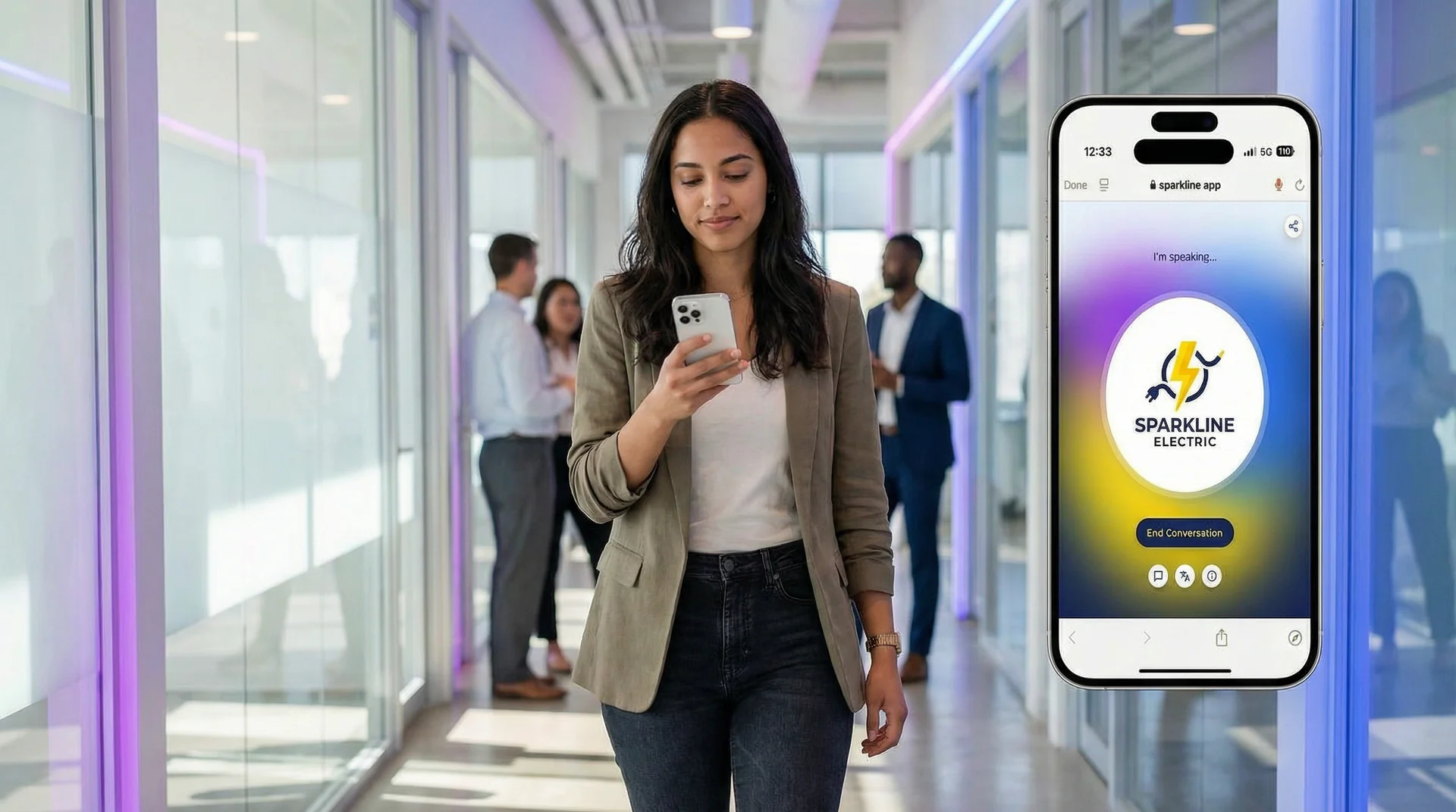 Help Genie mobile app displayed on a smartphone showing the call dashboard and genie management screen