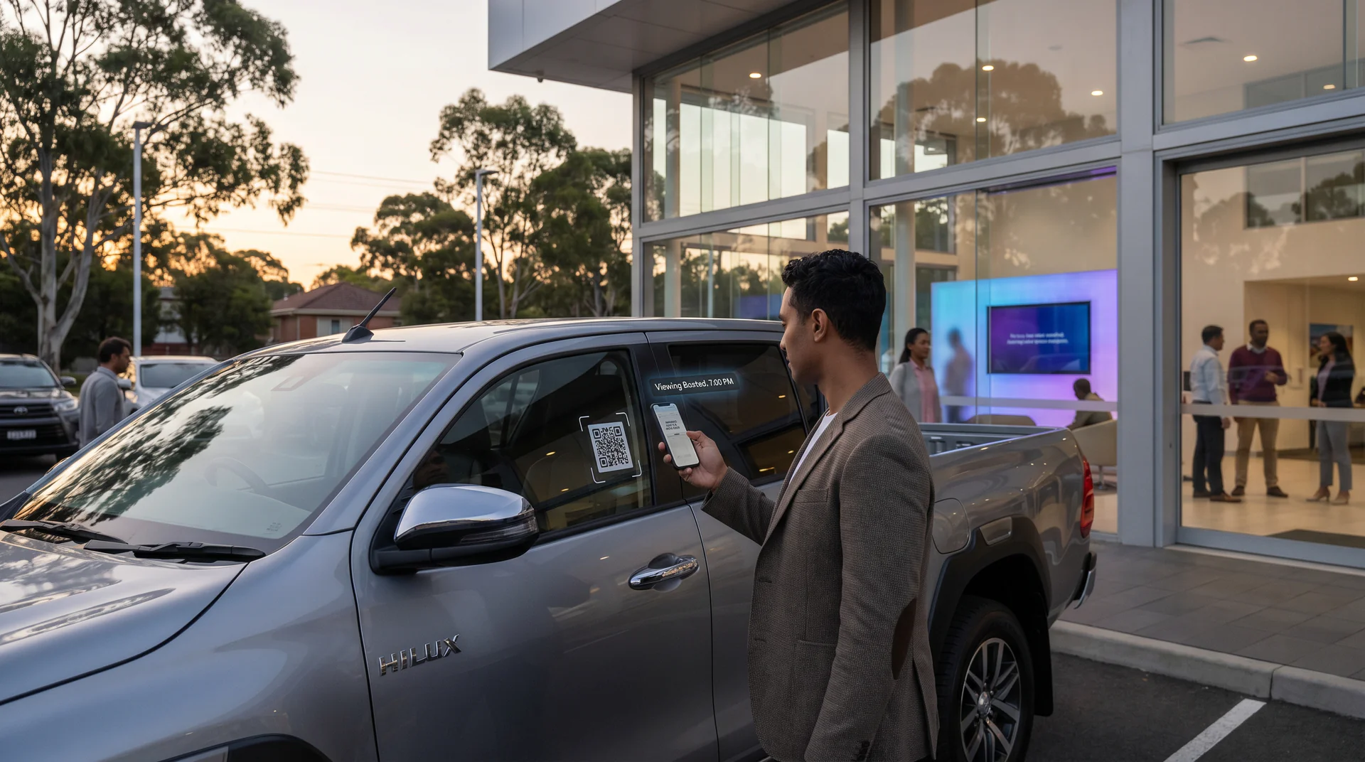 A customer scans a QR code on a Hilux at 7pm, gets pricing, warranty info, and books a viewing. Voice AI for automotive after-hours lots.