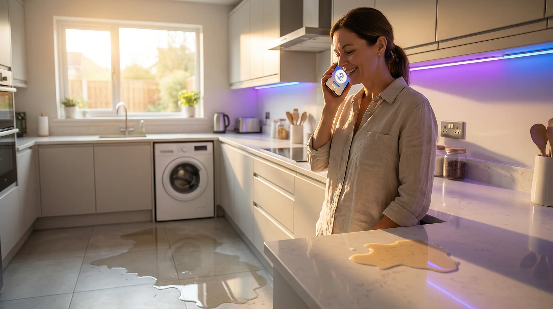 A flooded kitchen with a broken dishwasher and a homeowner on the phone getting immediate AI-assisted help