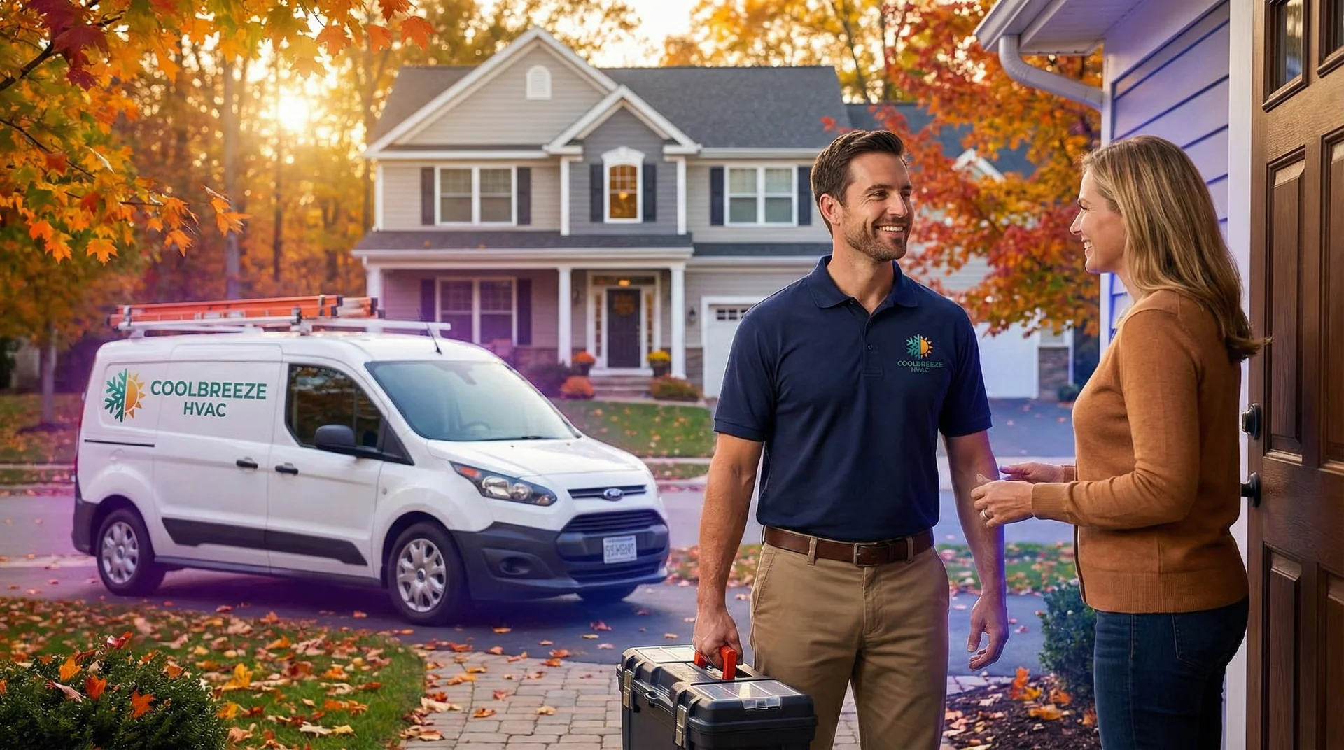 An HVAC technician arriving at a home for a scheduled seasonal maintenance visit with autumn leaves on the ground