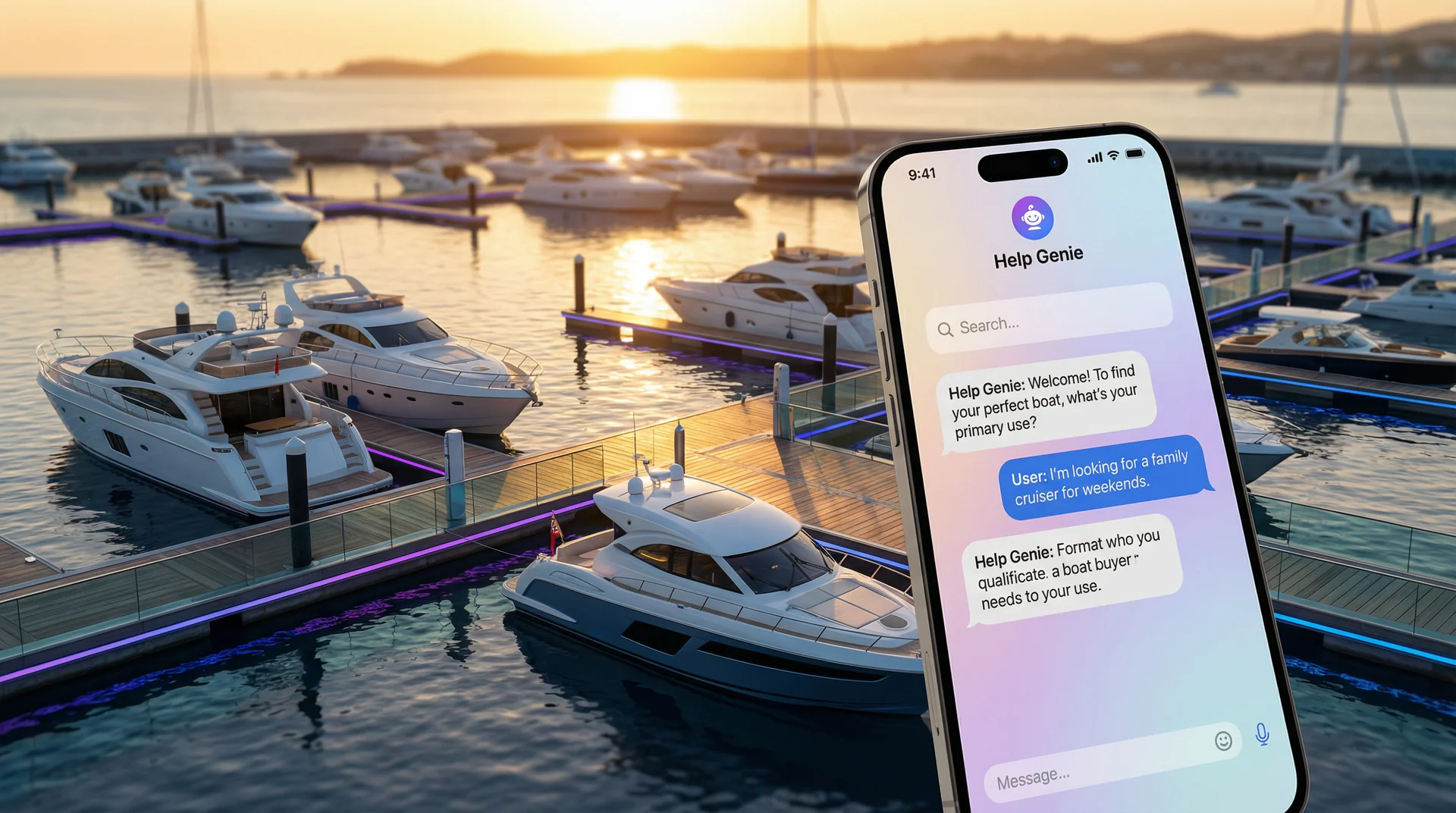 A marina dock with boats and a voice genie interface qualifying a buyer on a smartphone screen