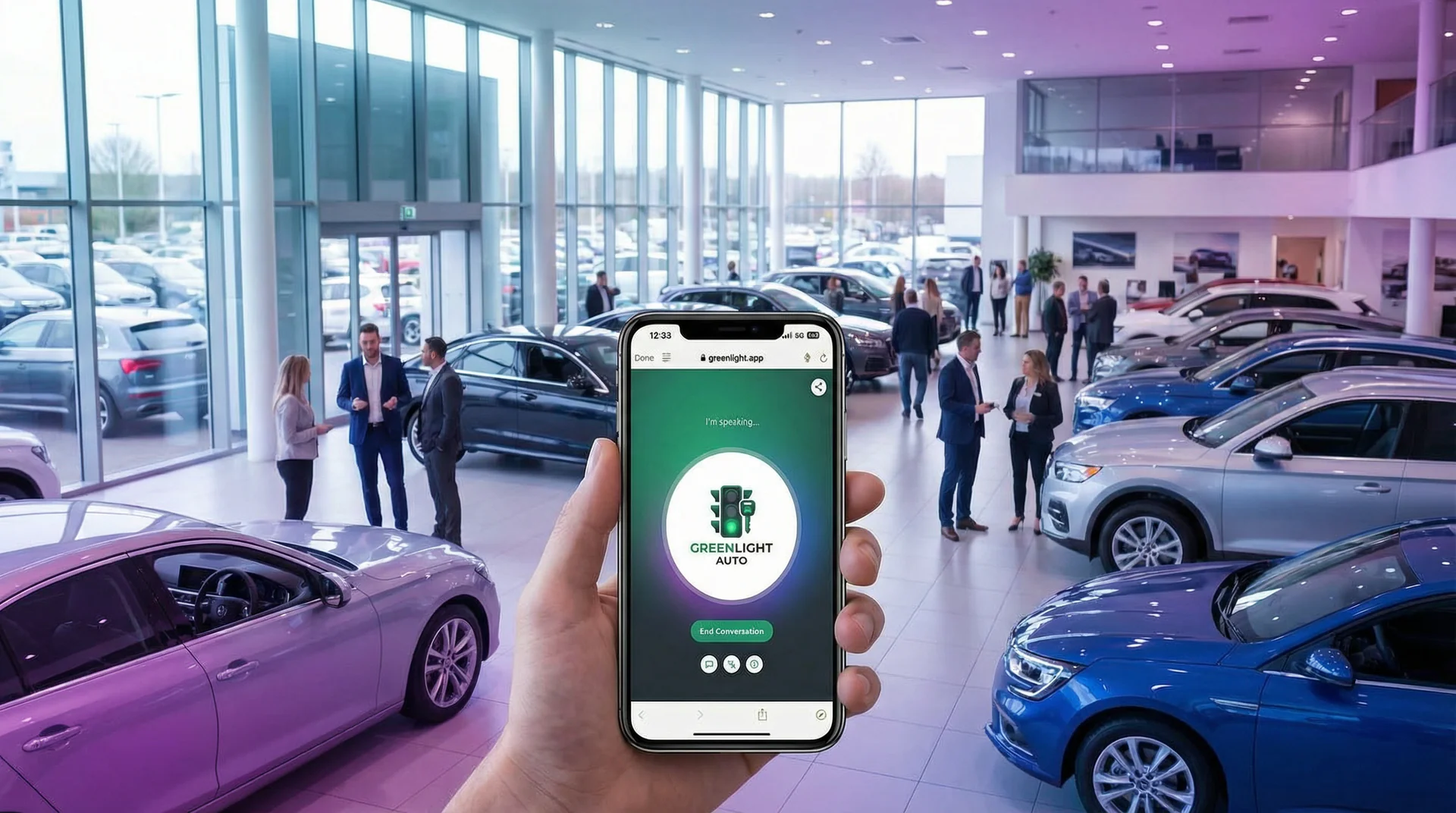 A busy auto dealership showroom with a voice genie interface qualifying a buyer on a smartphone screen
