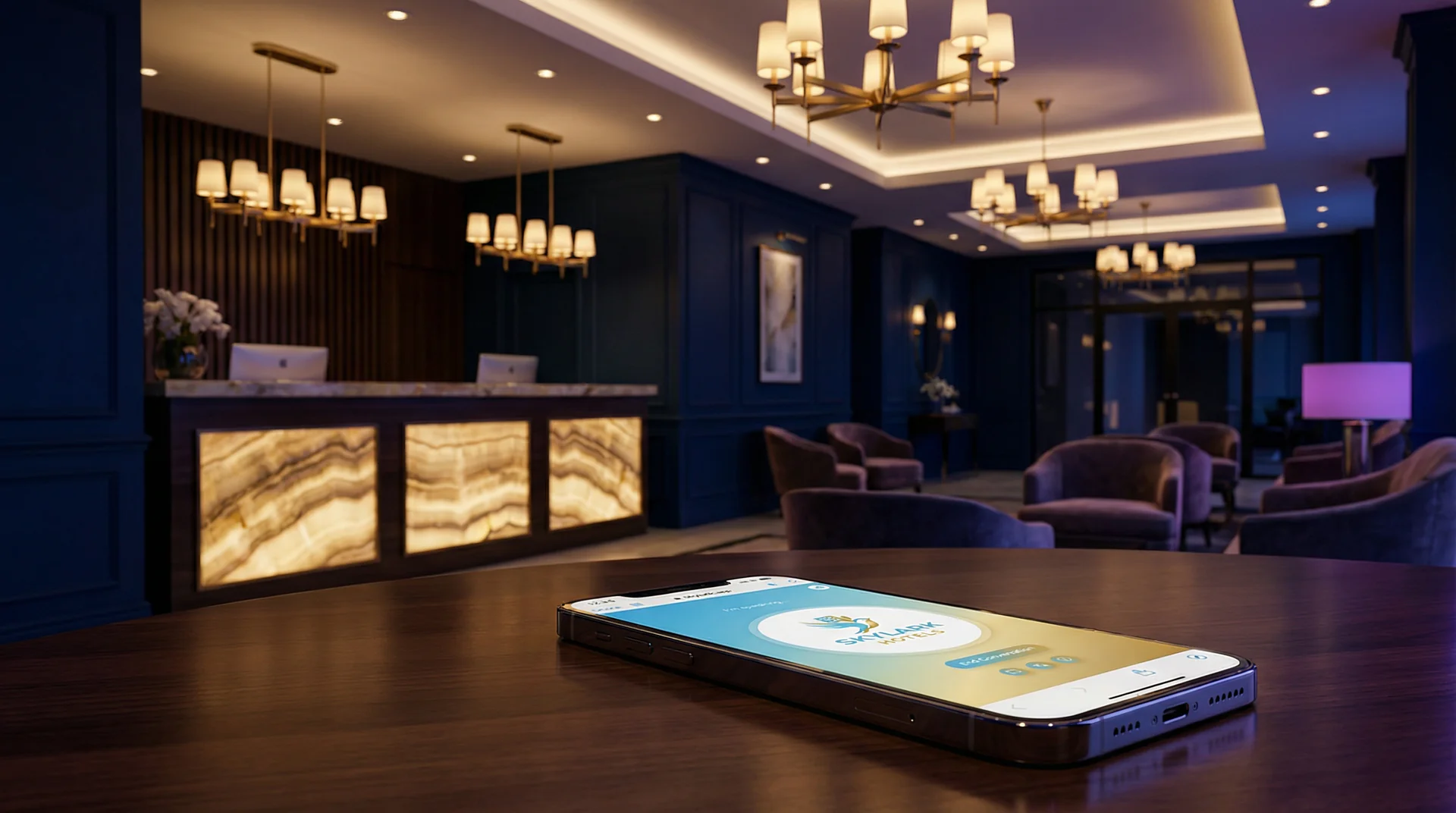 A hotel front desk at night with a voice genie interface handling a reservation on a glowing screen