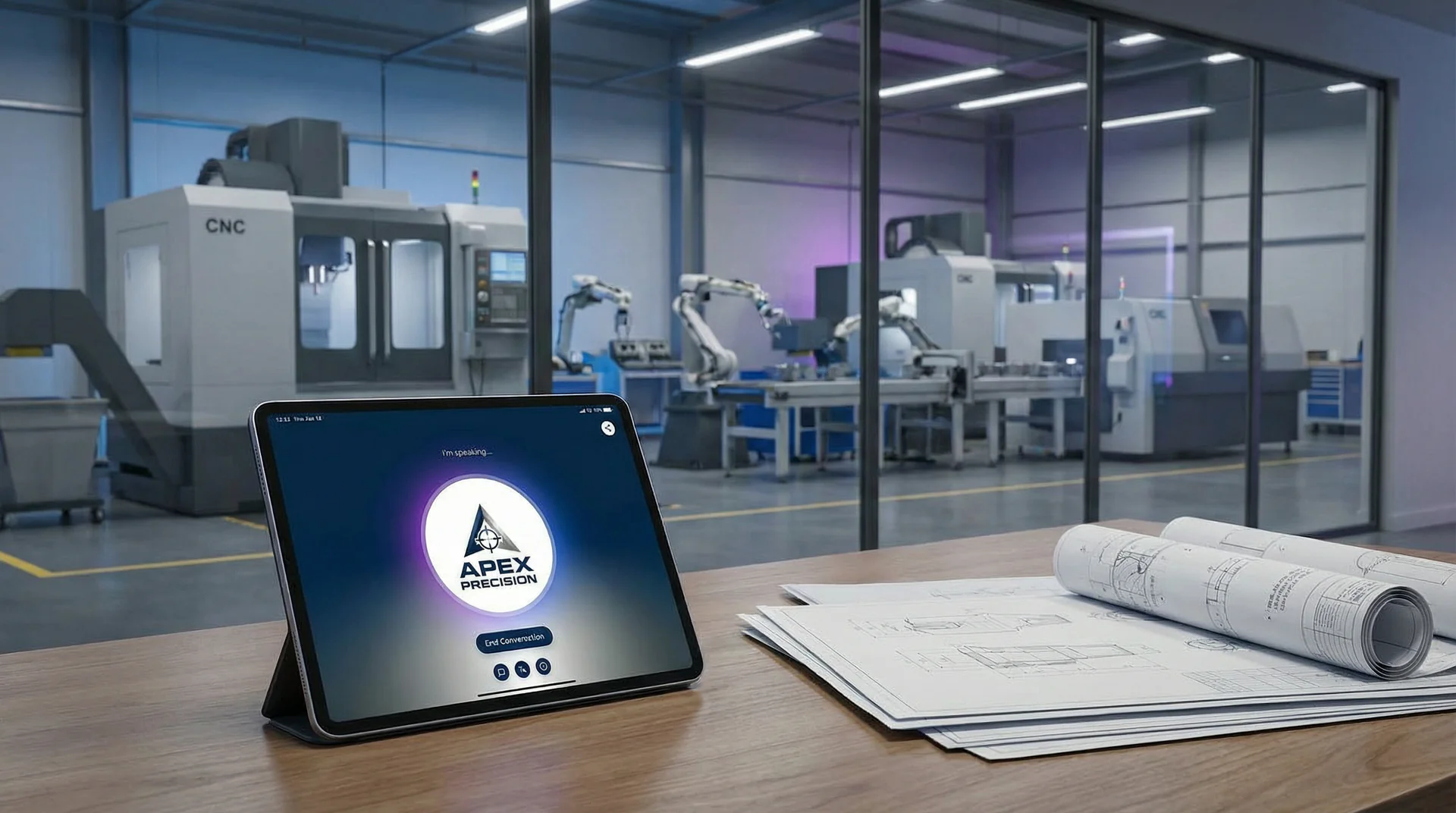 A manufacturing facility with a project manager reviewing specs on a tablet while a voice genie captures RFQ details