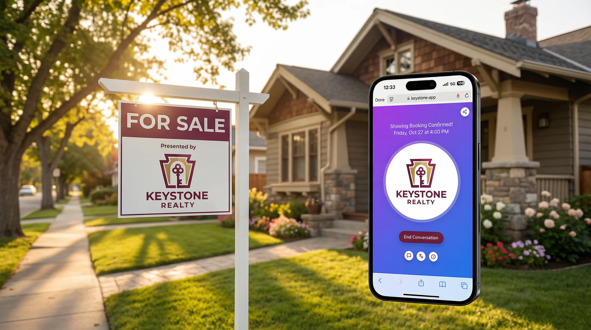 A real estate agent at a property showing while a voice genie interface books the next viewing on a smartphone