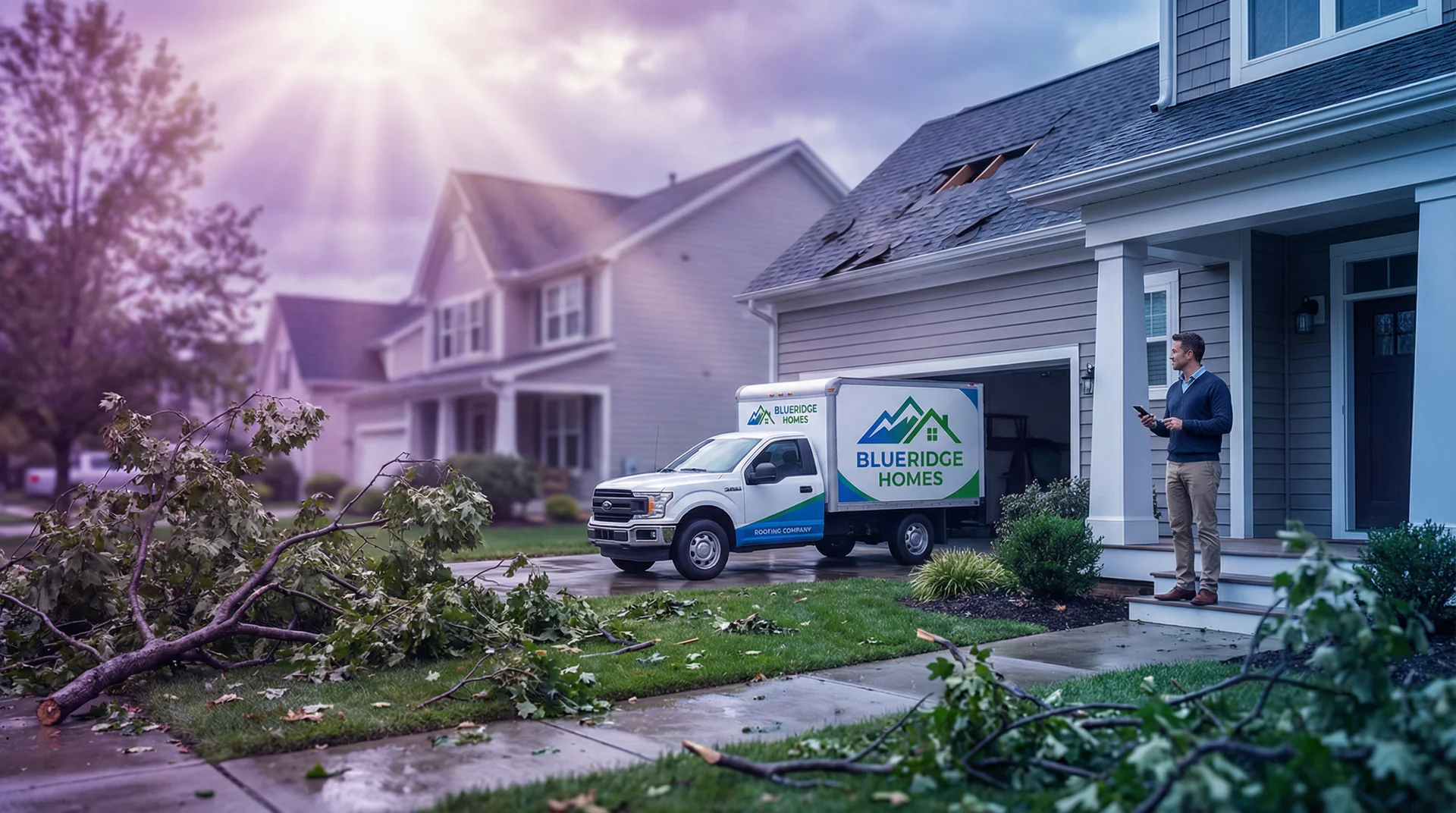 A residential neighborhood after a severe storm with damaged roofs and a homeowner receiving help through their phone