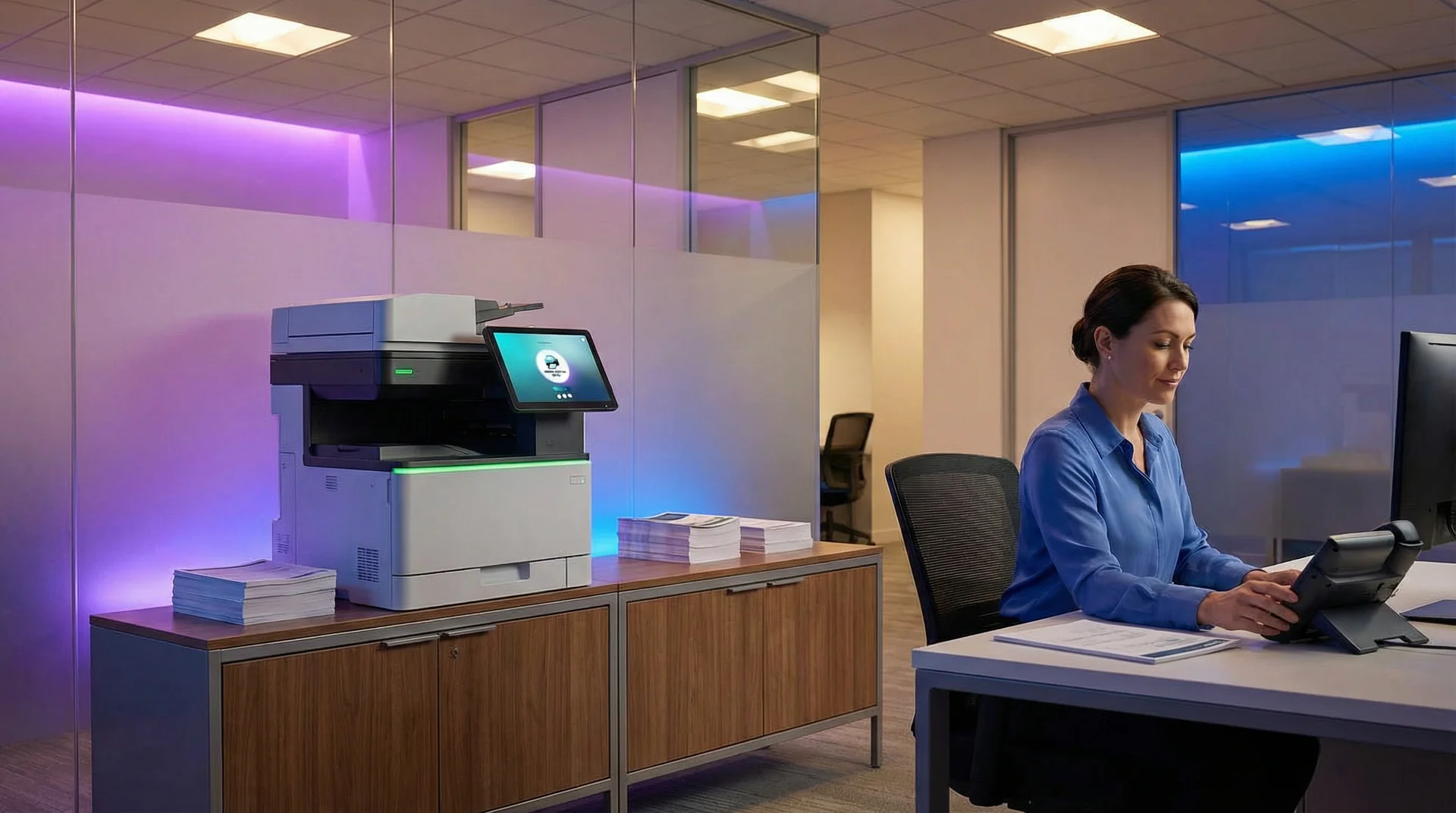 An office worker next to a printer with a low toner alert, placing a supply order through a voice genie on their desk phone