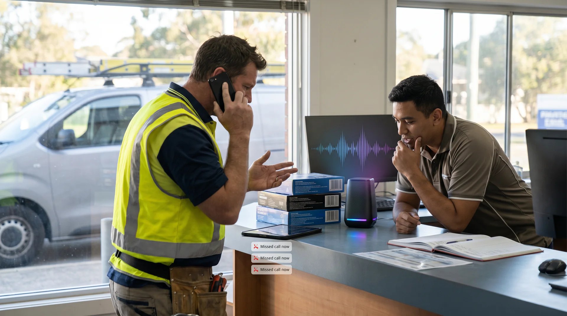 A plumber on a job, 3 rings, no answer. See how a voice AI genie handles the trades counter question before the call goes to a competitor.