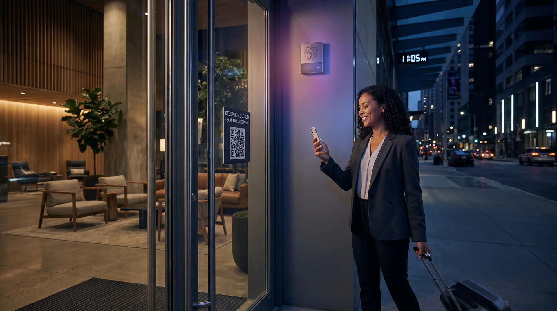 A guest arrives at 11pm. Reception is closed. A QR code on the door and a voice genie answers everything in 5 seconds.