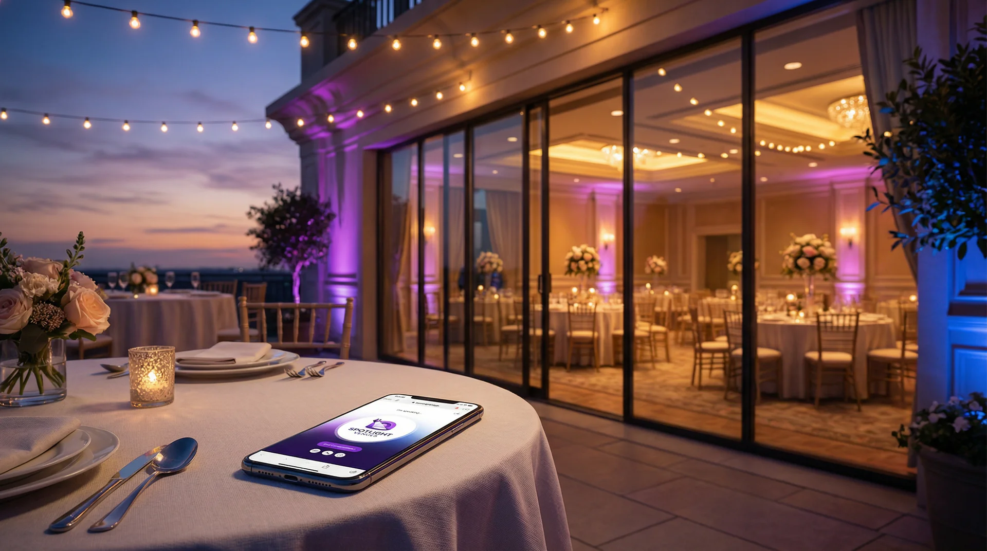 An elegant event venue at twilight with string lights and a phone displaying a voice genie interface